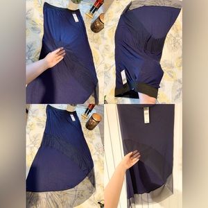 BCBG Asymmetric Skirt, Midi-long, Navy Blue, Size Small, Mesh end
